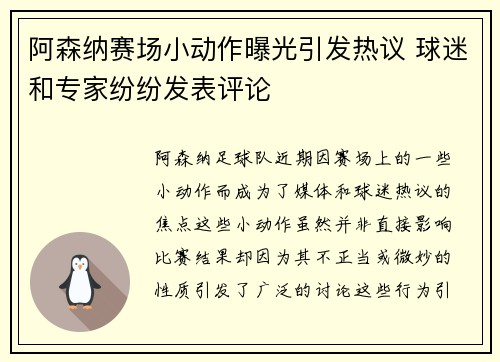 阿森纳赛场小动作曝光引发热议 球迷和专家纷纷发表评论