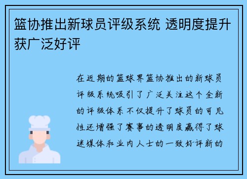 篮协推出新球员评级系统 透明度提升获广泛好评