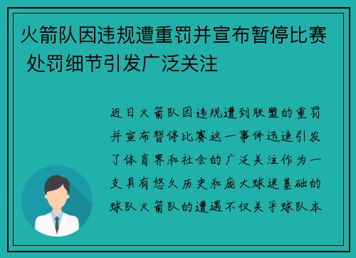 火箭队因违规遭重罚并宣布暂停比赛 处罚细节引发广泛关注